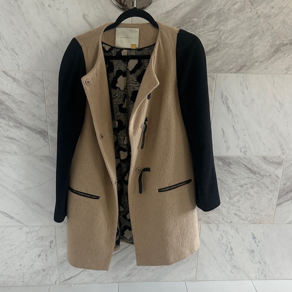 Anthropologie Leifsdottir Tan and Black Trench Coat 8 wool